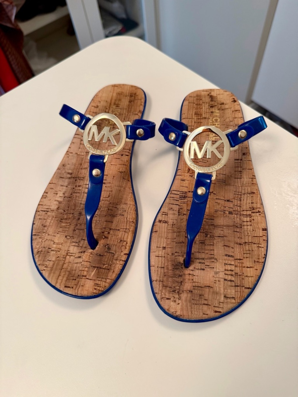 Michael Kors Blue Jelly Thong Sandals Cork Footbed MK Logo